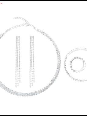 Silver Rhinestone Wedding Jewelry Set Necklace Earrings Bracelet Bridal Prom